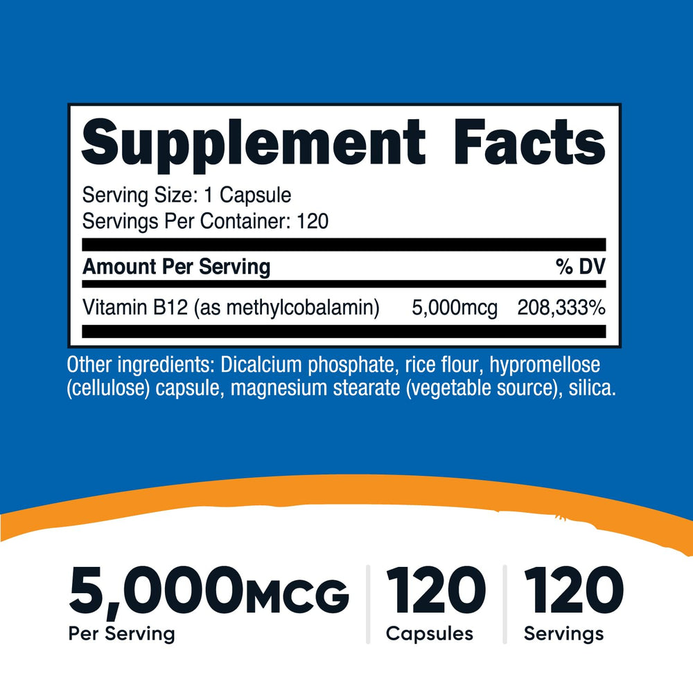 Nutricost B12 capsules close-up showing easy-to-swallow vegetarian pills.