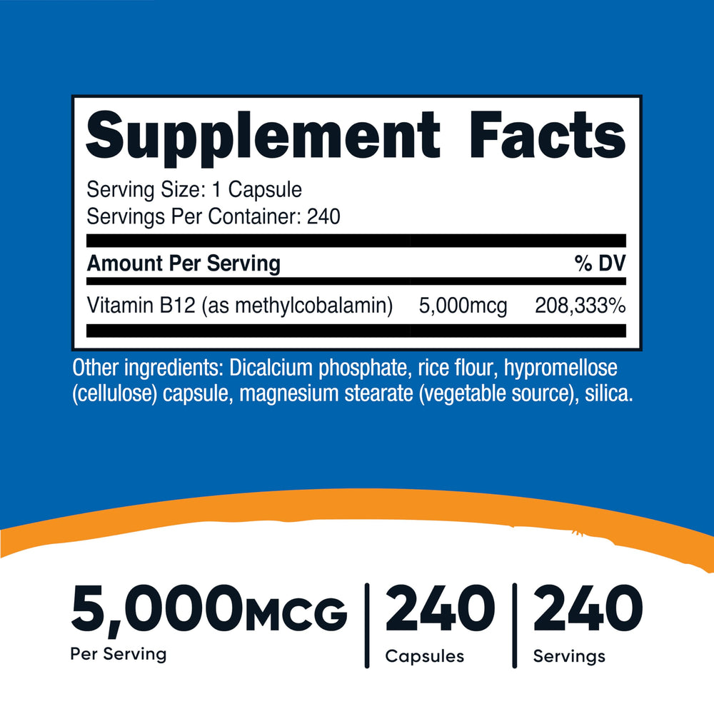 Nutricost B12 capsules close-up, vegetarian formula for vegan lifestyle support
