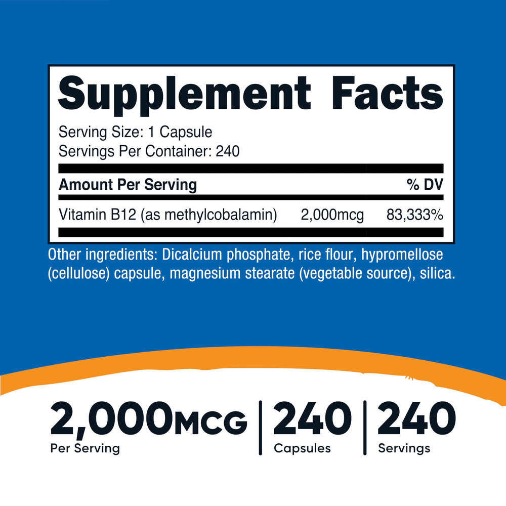 Closeup of Nutricost B12 capsules in a 240-count bottle for reliable daily use