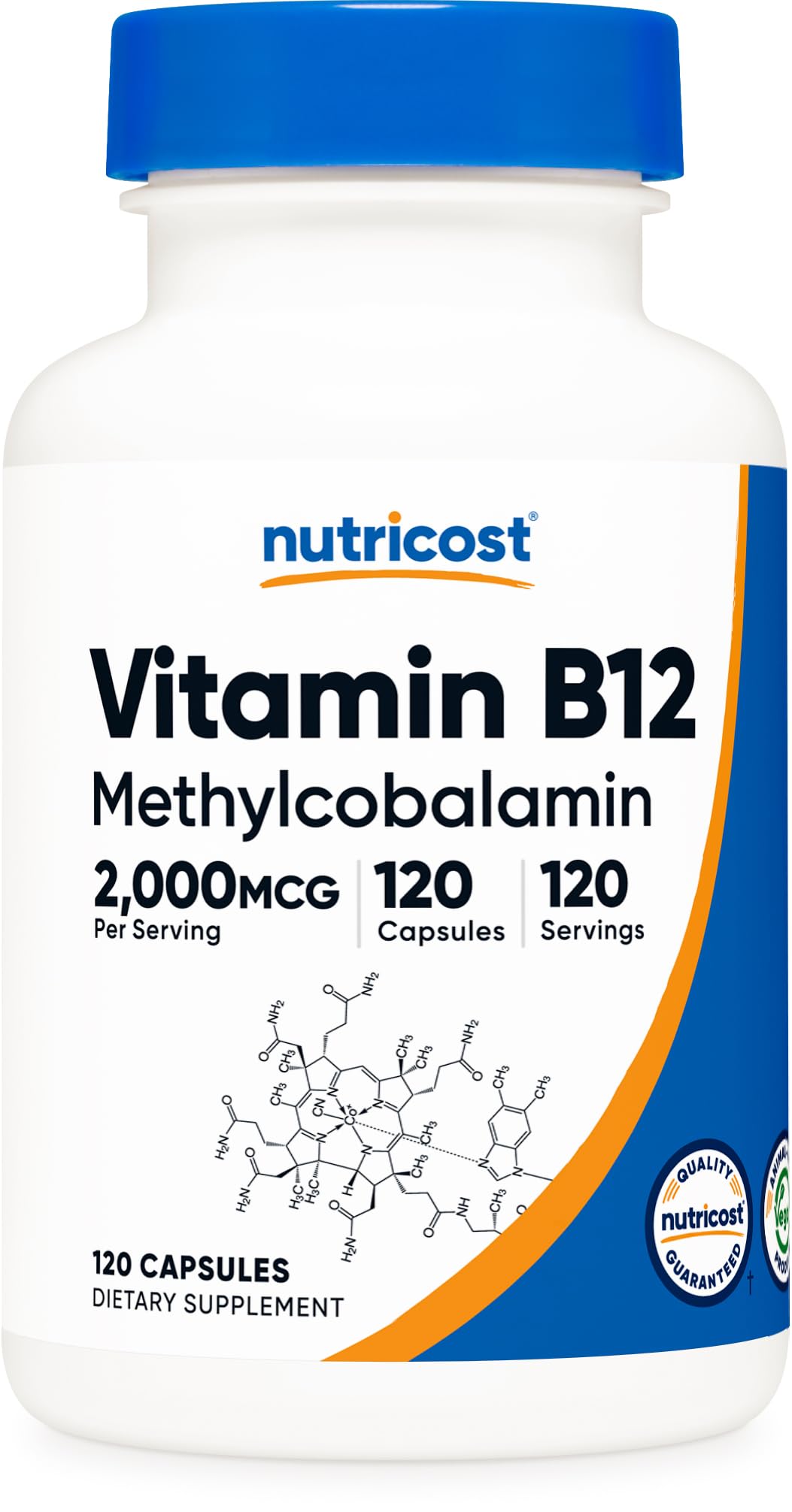 Nutricost B12 methylcobalamin 2000mcg capsules front view supports daily vegetarian supplementation.