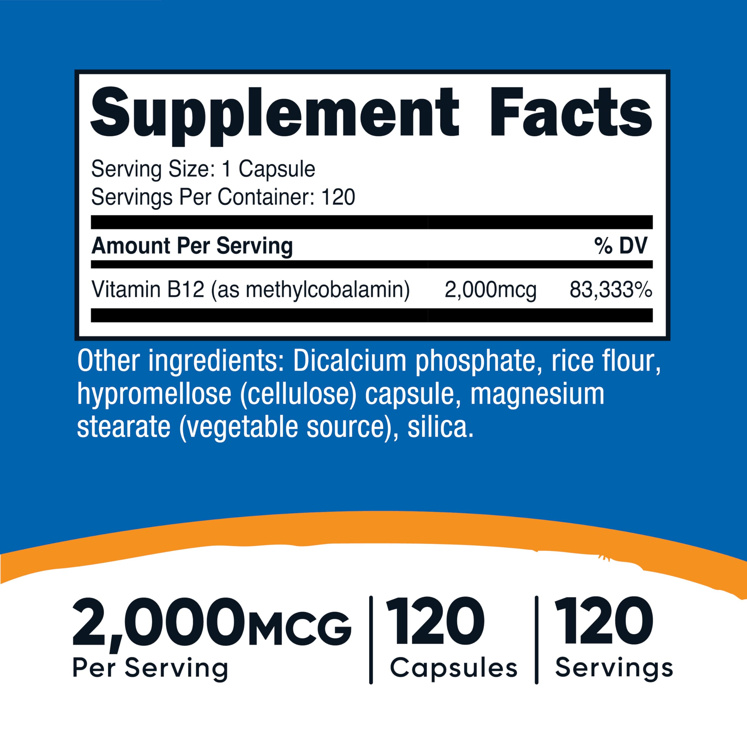 Nutricost B12 methylcobalamin label close-up highlights non-GMO and gluten-free formulation.