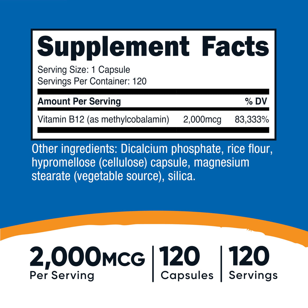 Nutricost B12 methylcobalamin label close-up highlights non-GMO and gluten-free formulation.