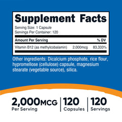 Nutricost B12 methylcobalamin label close-up highlights non-GMO and gluten-free formulation.