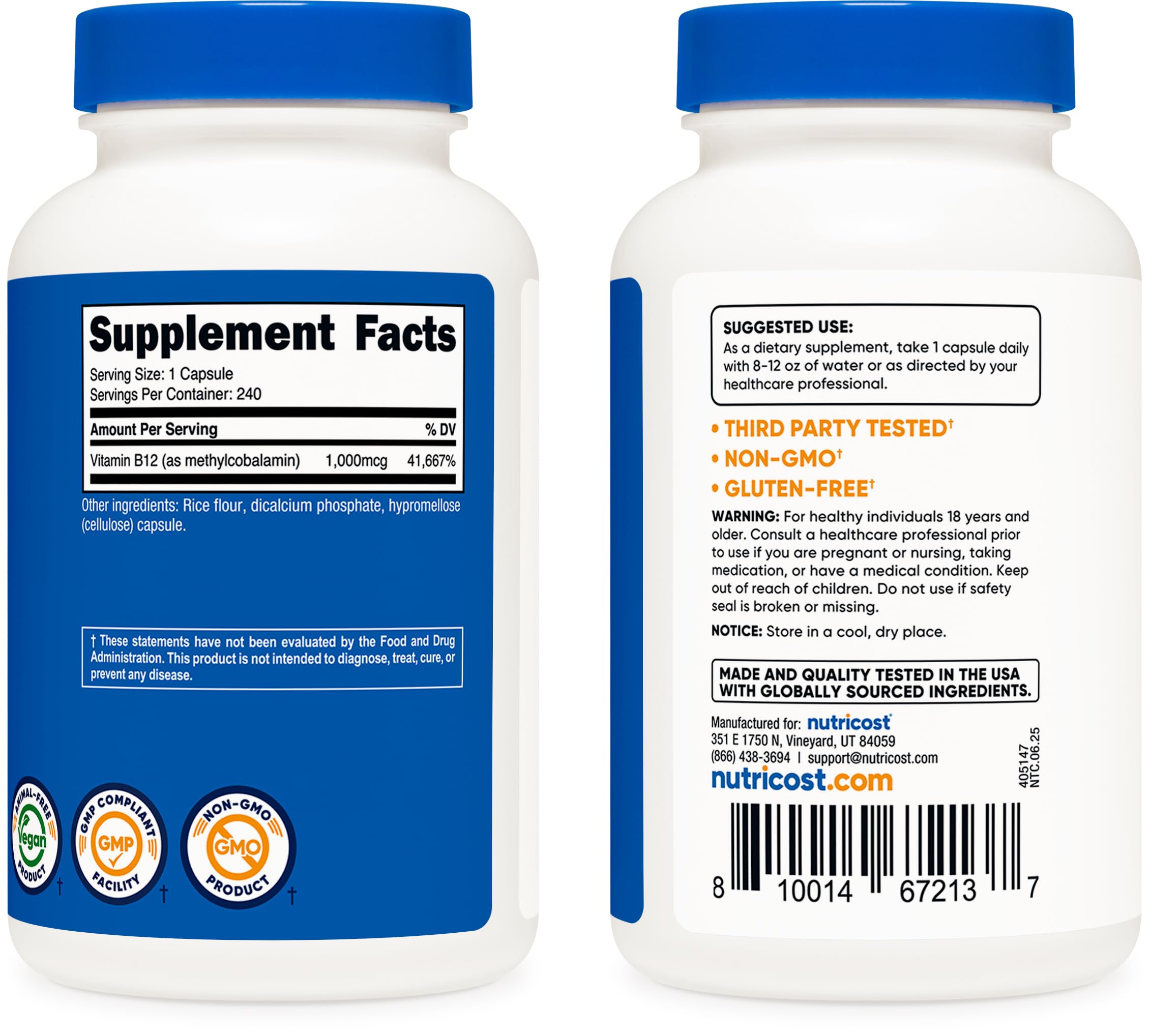 Nutricost B12 packaging emphasizing methylcobalamin 1000mcg and vegetarian formula