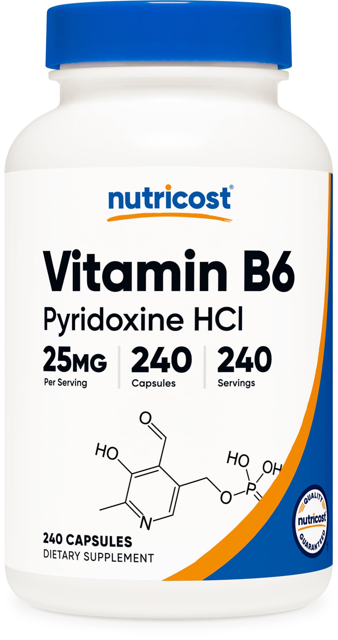 Nutricost Vitamin B6 bottle front close-up showing 25 mg per serving.