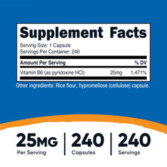 Nutricost Vitamin B6 capsules close-up for easy daily supplementation.