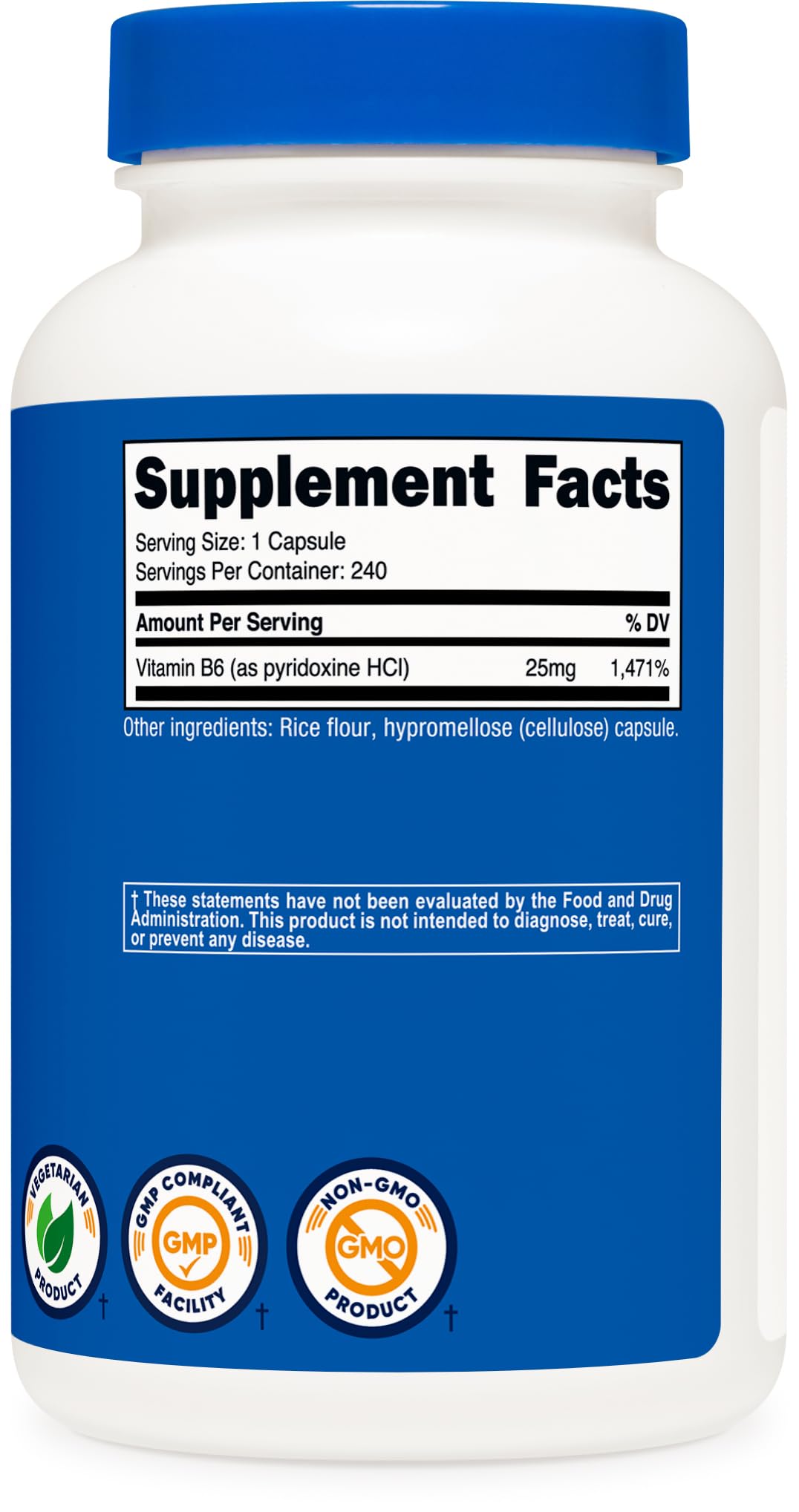Nutricost Vitamin B6 ingredients panel close-up showing non-GMO quality.