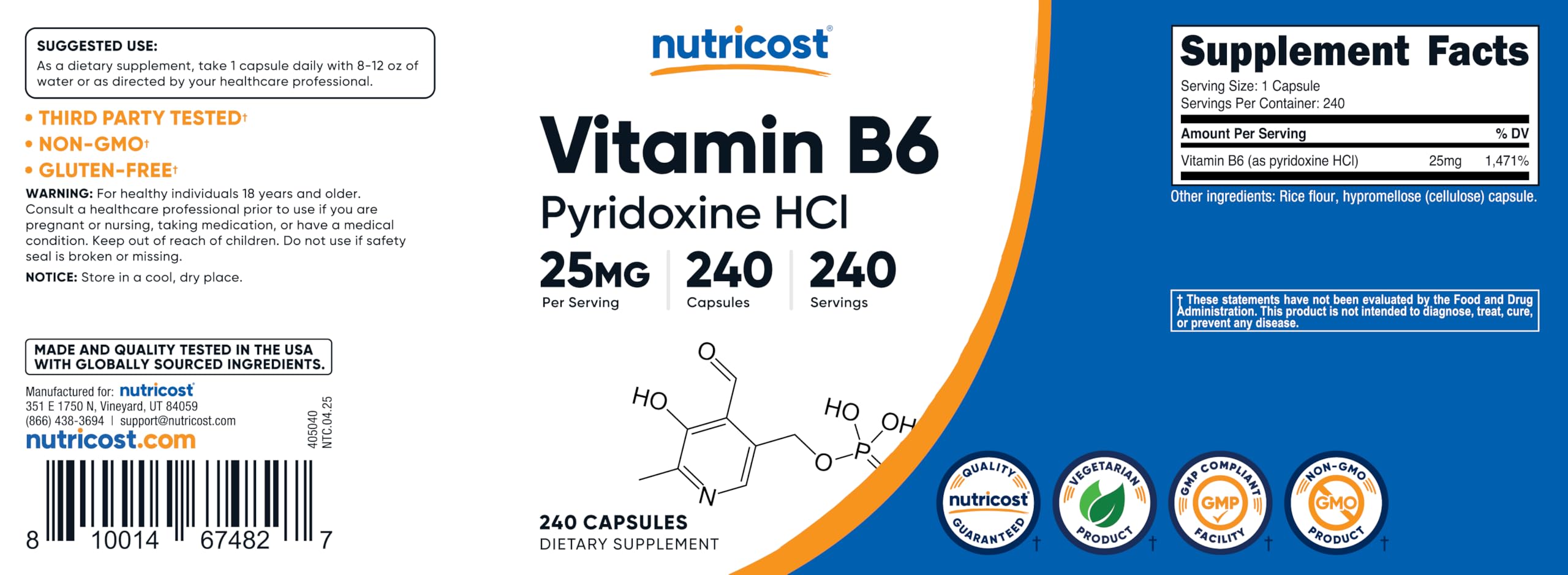 Nutricost Vitamin B6 lab-testing stamp image emphasizing ISO verification.
