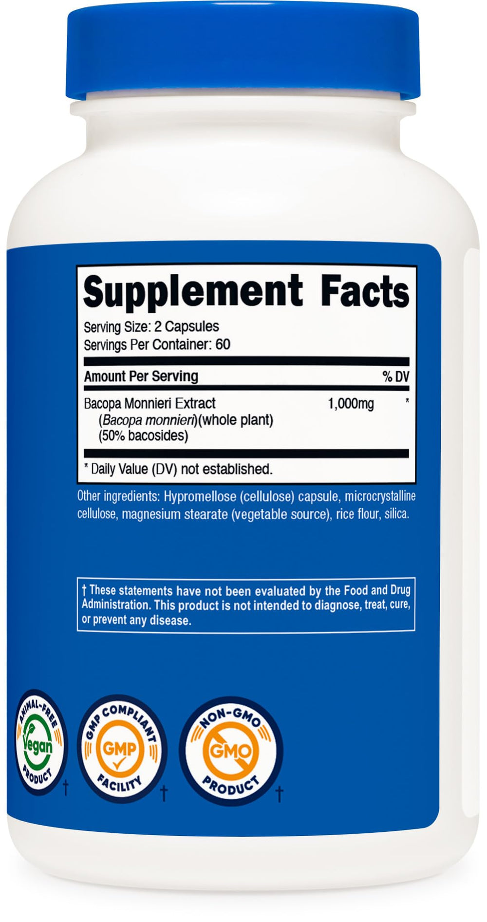 Nutricost Bacopa Monnieri serving count card shows 60 servings per bottle