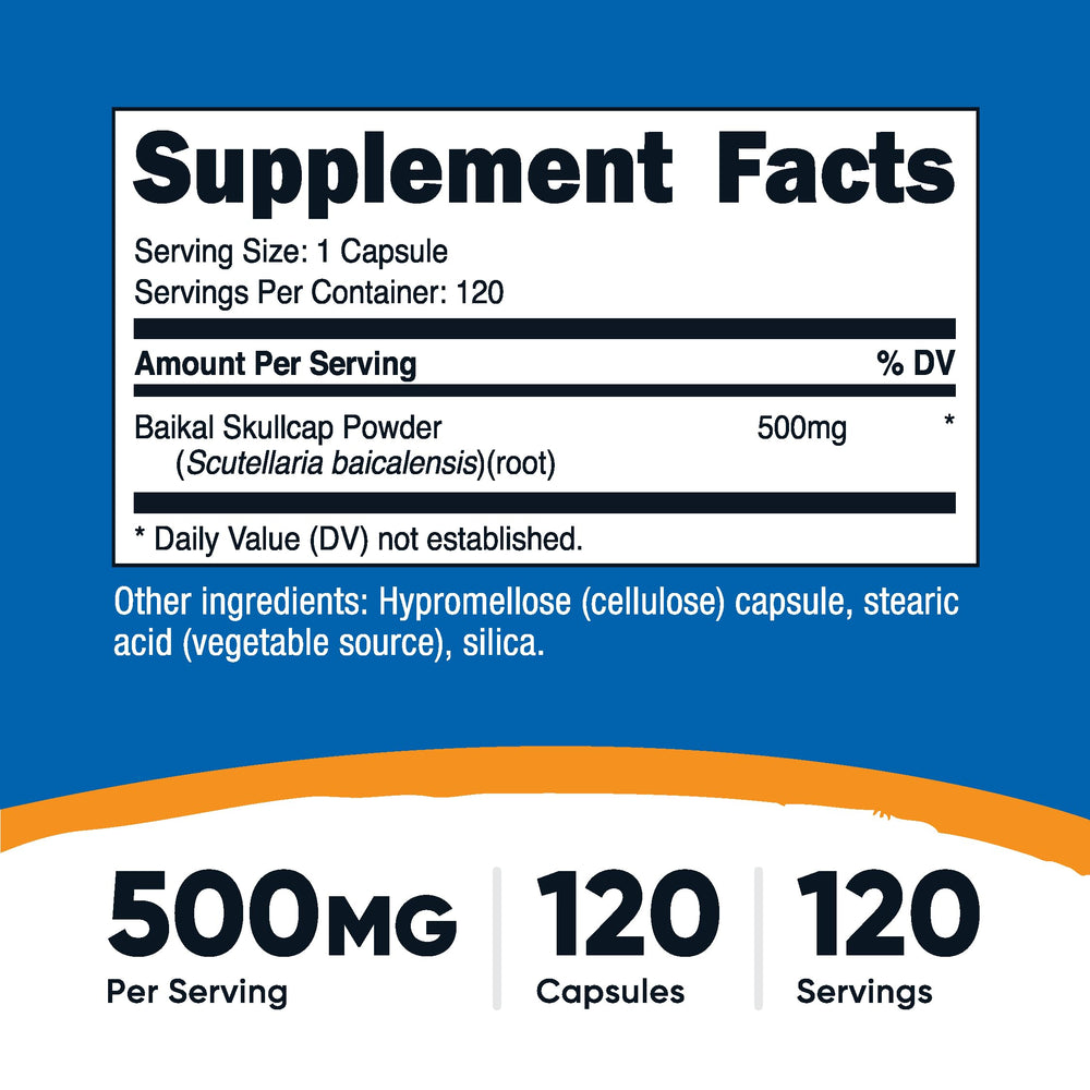 Nutricost Baikal Skullcap capsules closeup shows 500mg per capsule.