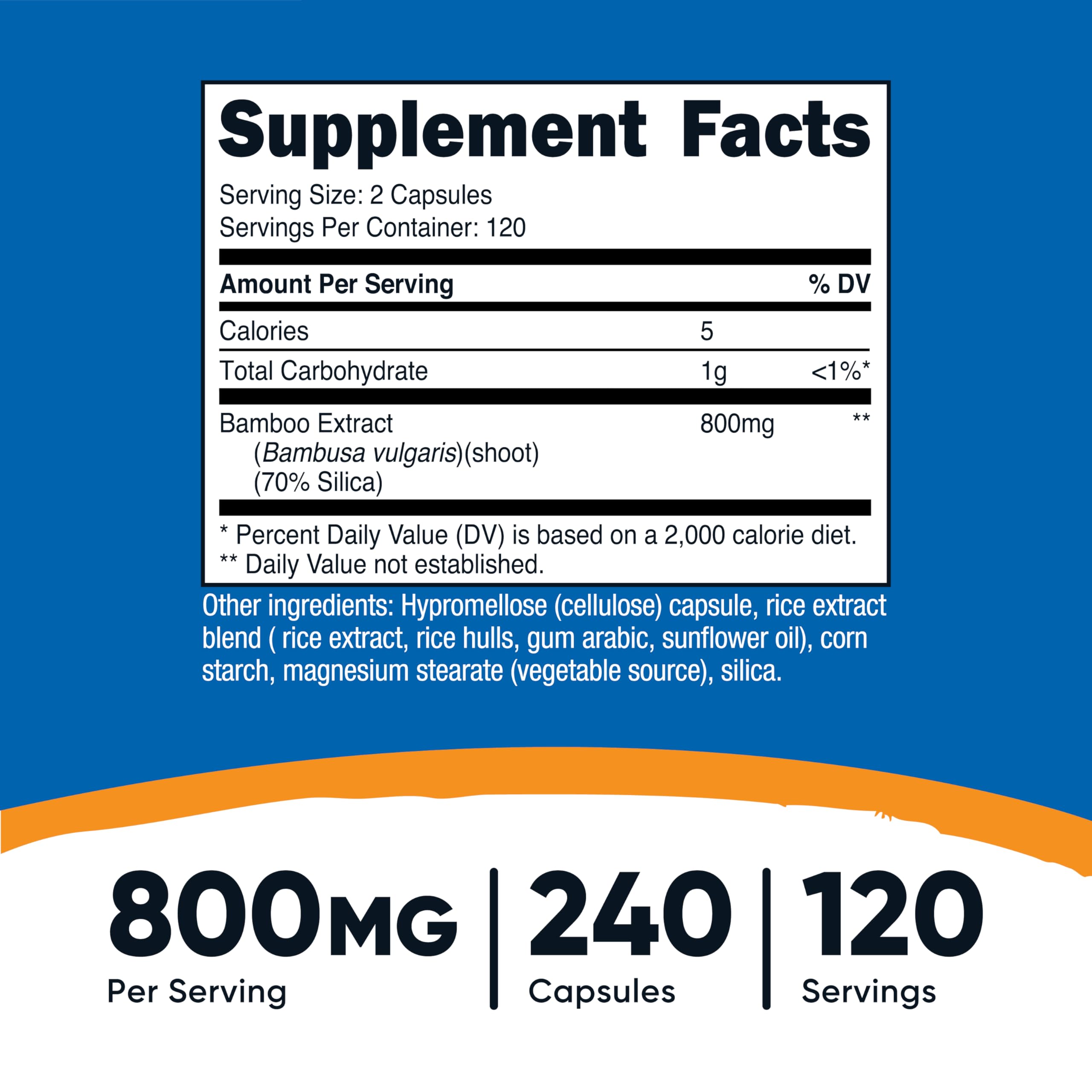 Close-up of Nutricost Bamboo Capsules highlights a 240-count bottle for long-term daily use.