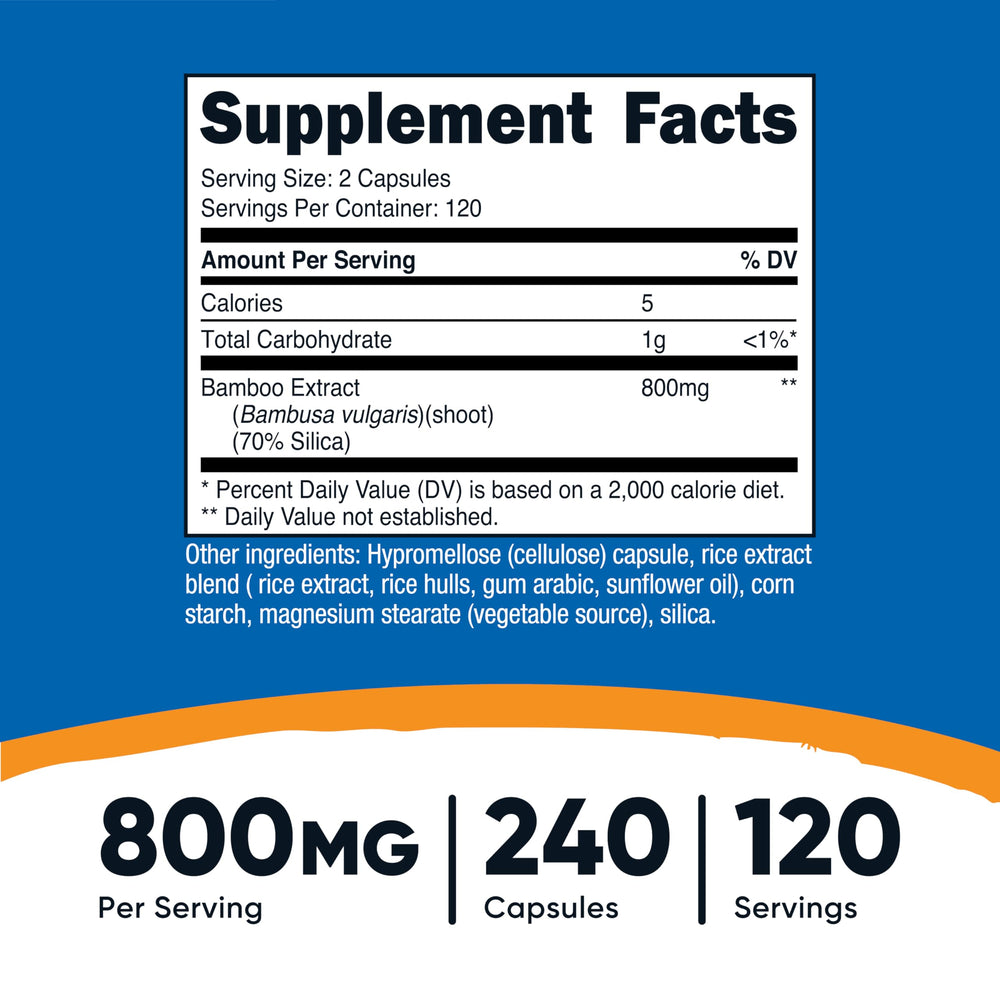 Close-up of Nutricost Bamboo Capsules highlights a 240-count bottle for long-term daily use.