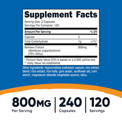 Close-up of Nutricost Bamboo Capsules highlights a 240-count bottle for long-term daily use.