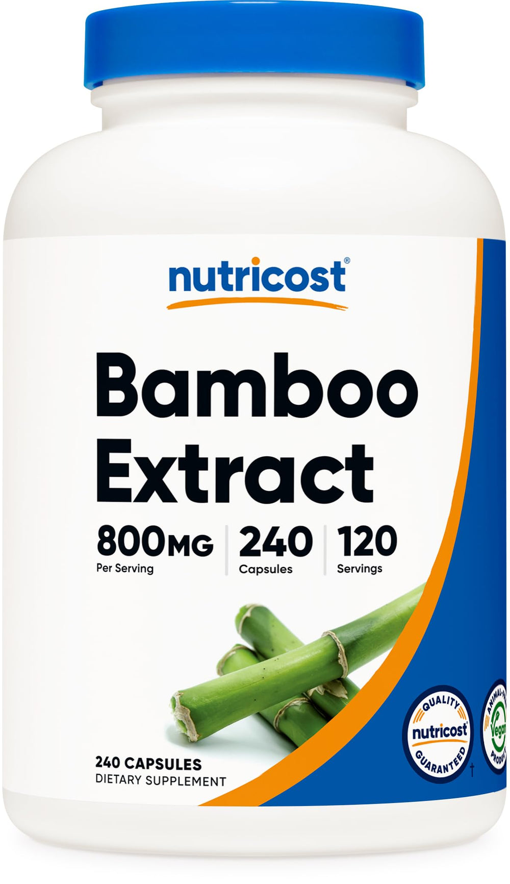 Nutricost Bamboo Extract 800mg bottle shows vegan, gluten-free formula for daily wellness.