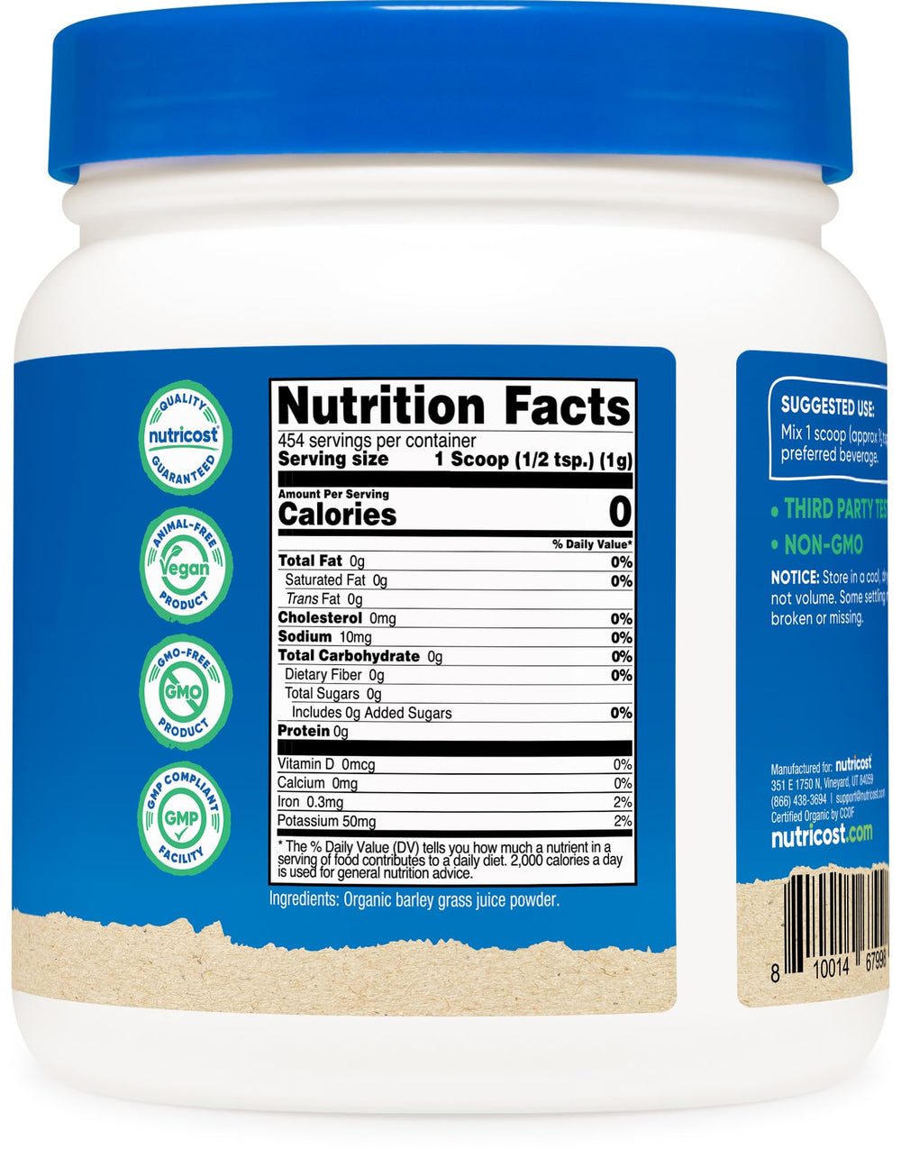 Nutricost barley grass juice powder nutrition label shows non-GMO and vegan-friendly benefits.