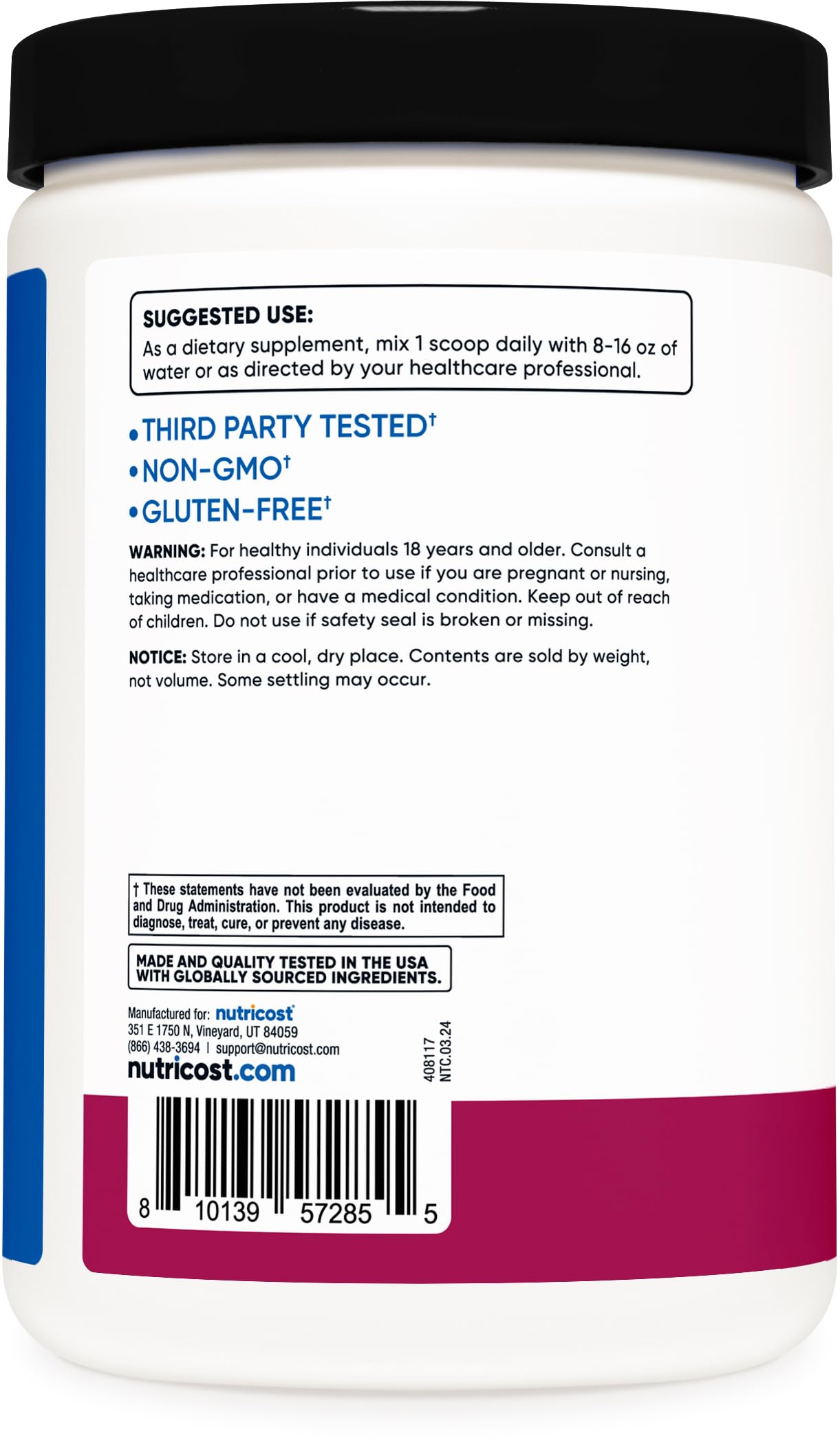 Nutricost BCAA Active flavor label highlights gluten-free and non-GMO ingredients.