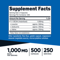 Nutricost BCAA capsules close-up, highlighting easy-to-swallow design for daily use.