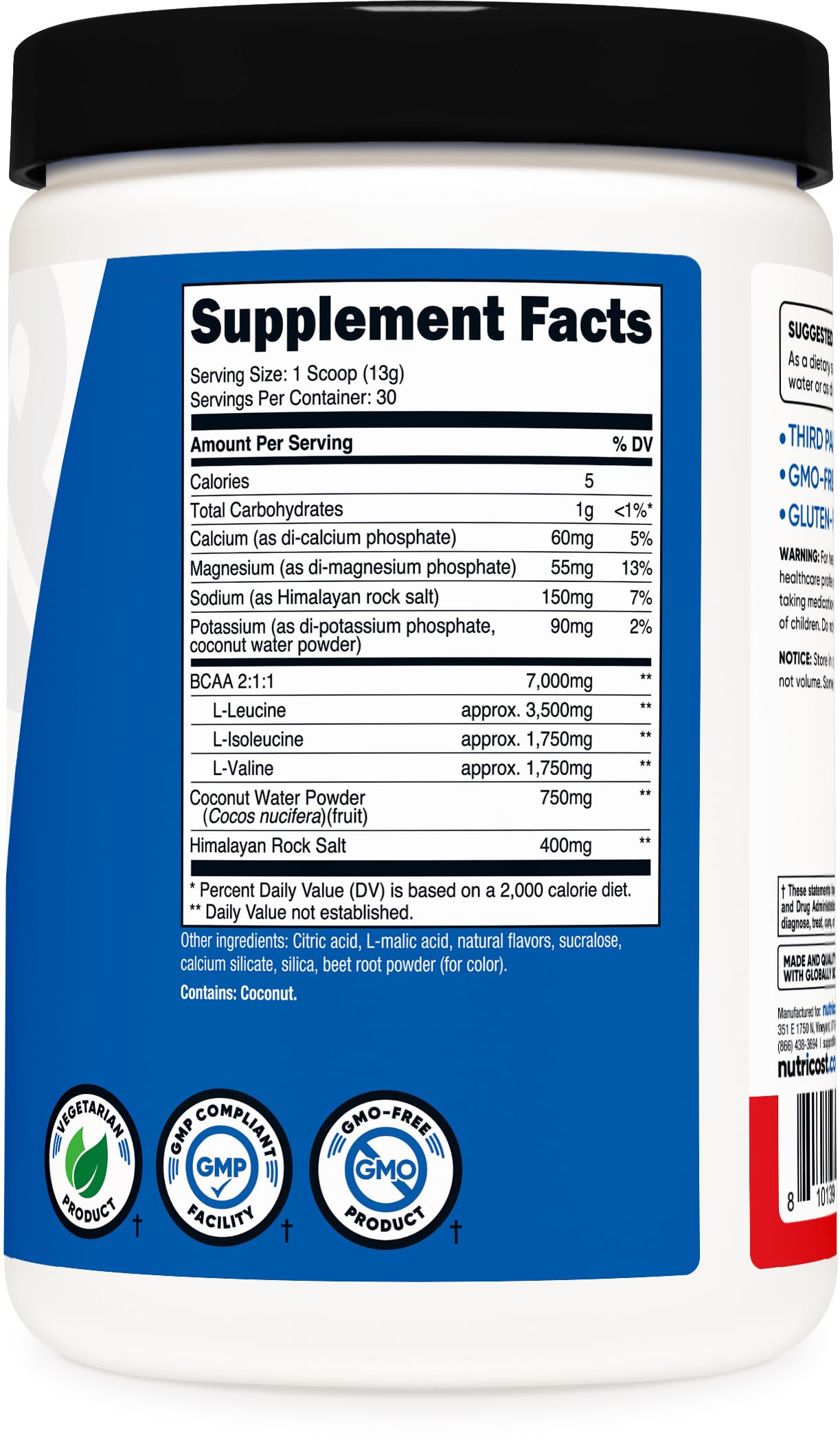 Nutricost BCAA + Hydration Fruit Punch label shows ingredients and safety standards