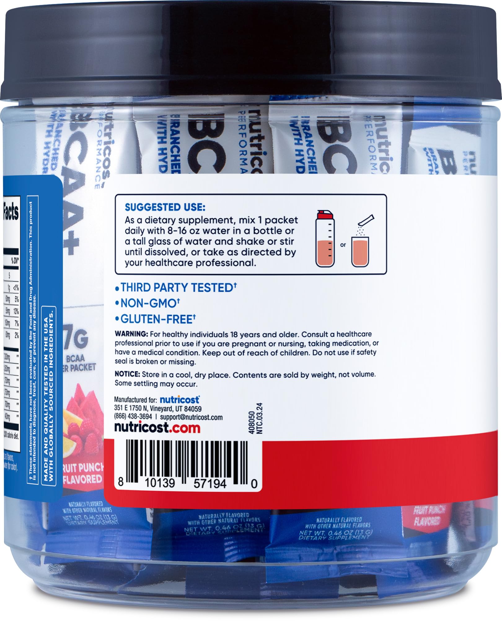 Nutricost BCAA+ Hydration glass with mixed drink highlighting vibrant fruit punch color.