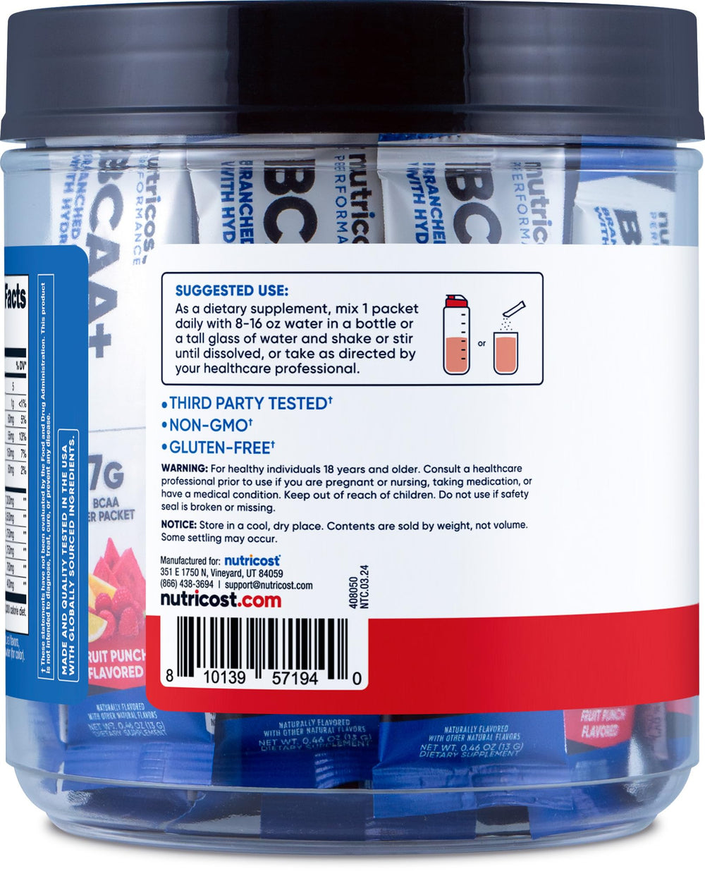 Nutricost BCAA+ Hydration glass with mixed drink highlighting vibrant fruit punch color.