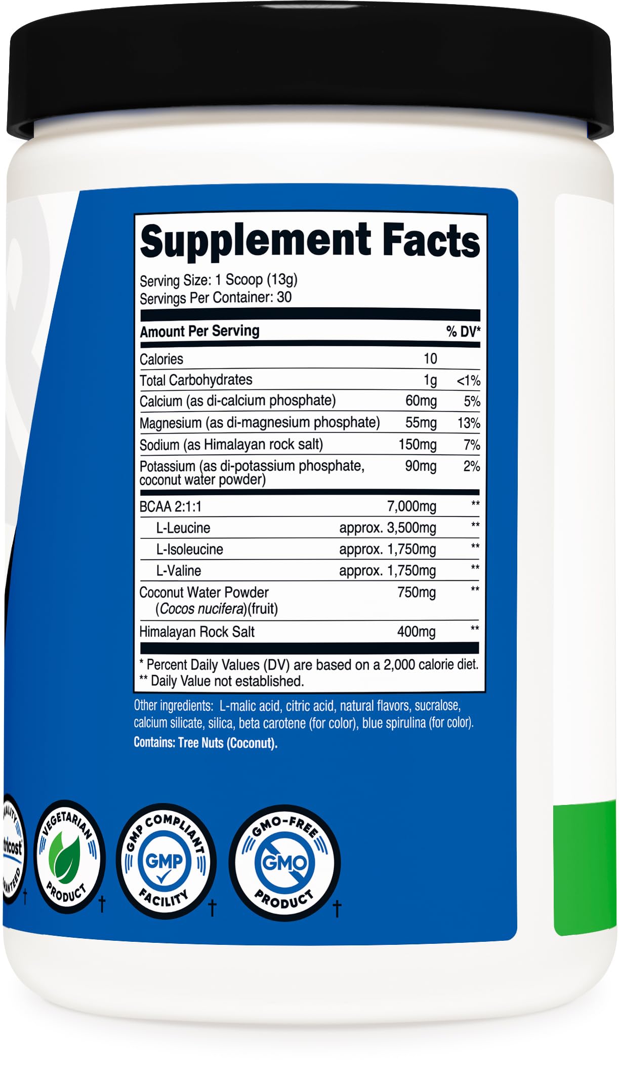 Nutricost BCAA Hydration Green Apple bottle label detail with flavor and dosage information.