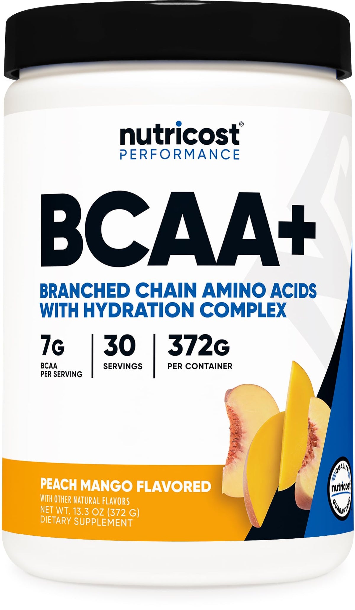 Nutricost BCAA Hydration Peach Mango bottle pouring for enhanced workout hydration