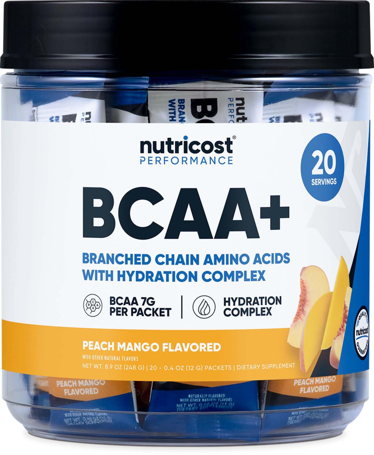 Nutricost BCAA+ Hydration bottle with peach mango flavor for workouts