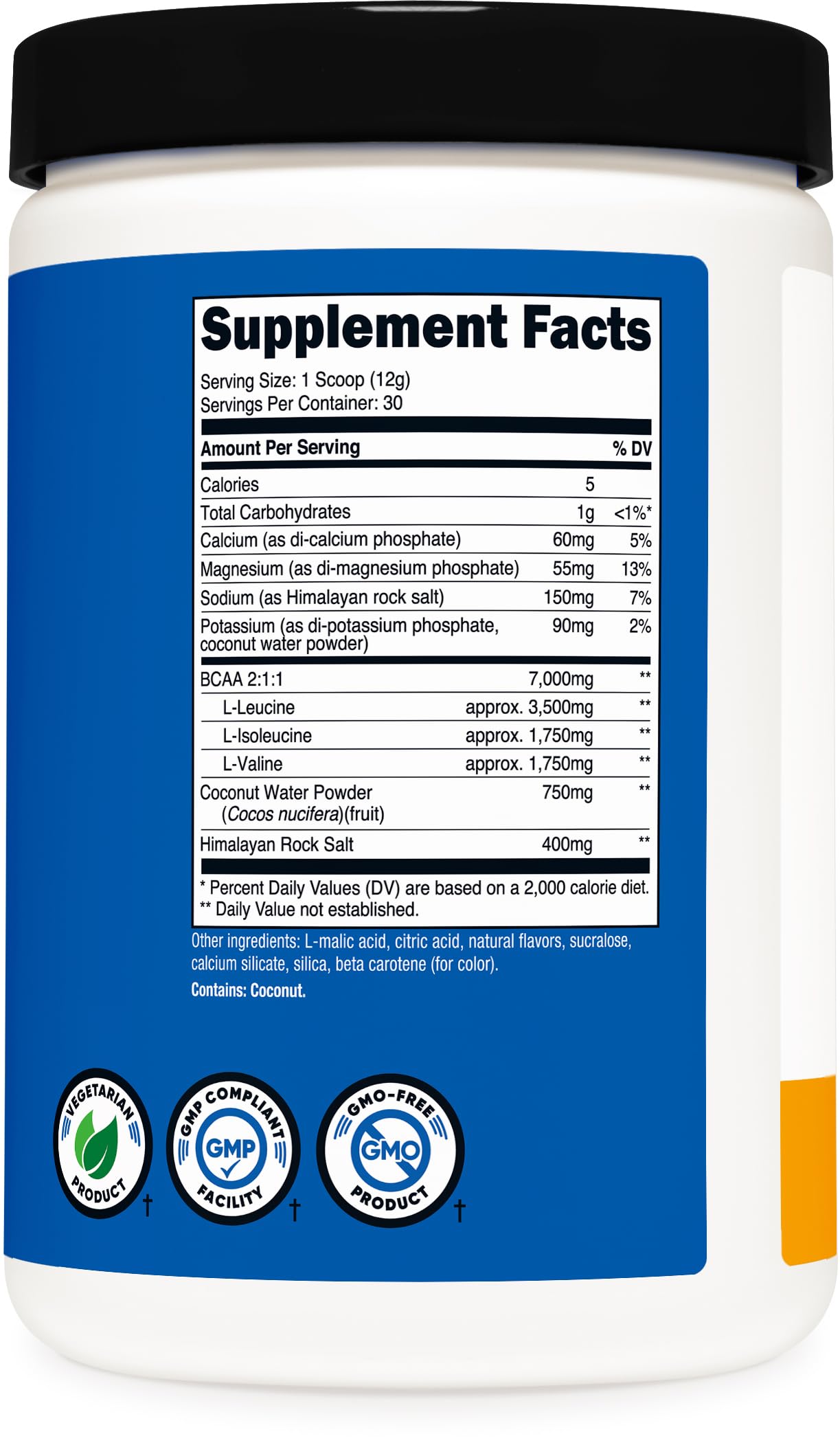 Nutricost BCAA Hydration Peach Mango label packaging highlighting gluten-free and non-GMO features