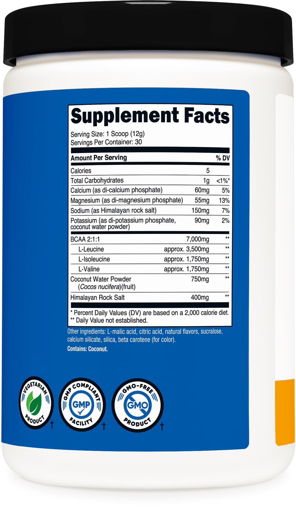 Nutricost BCAA Hydration Peach Mango label packaging highlighting gluten-free and non-GMO features