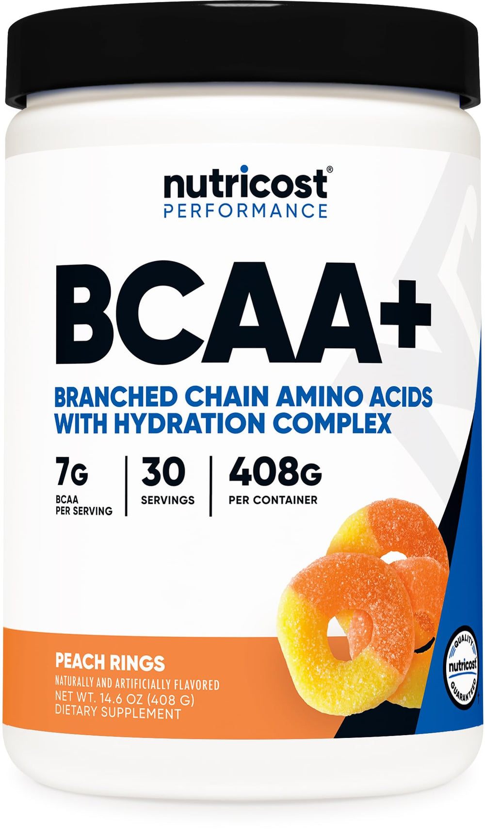 Nutricost BCAA + Hydration Peach Rings bottle for on-the-go gym hydration.
