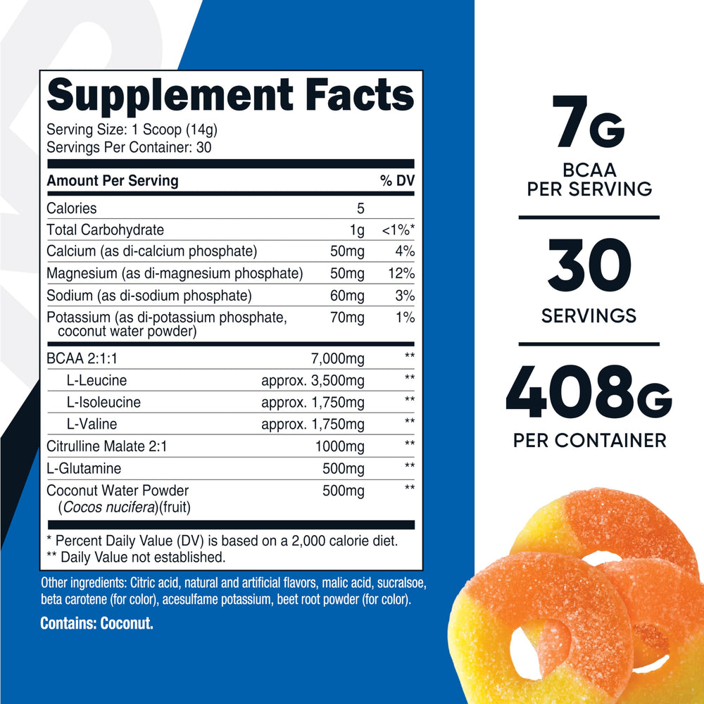 Nutricost BCAA + Hydration scoop showing 7g BCAAs per serving.