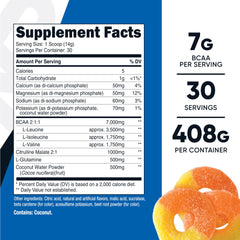 Nutricost BCAA + Hydration scoop showing 7g BCAAs per serving.