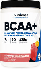 Nutricost BCAA + Hydration Raspberry Lemonade bottle for convenient workout hydration and recovery support.