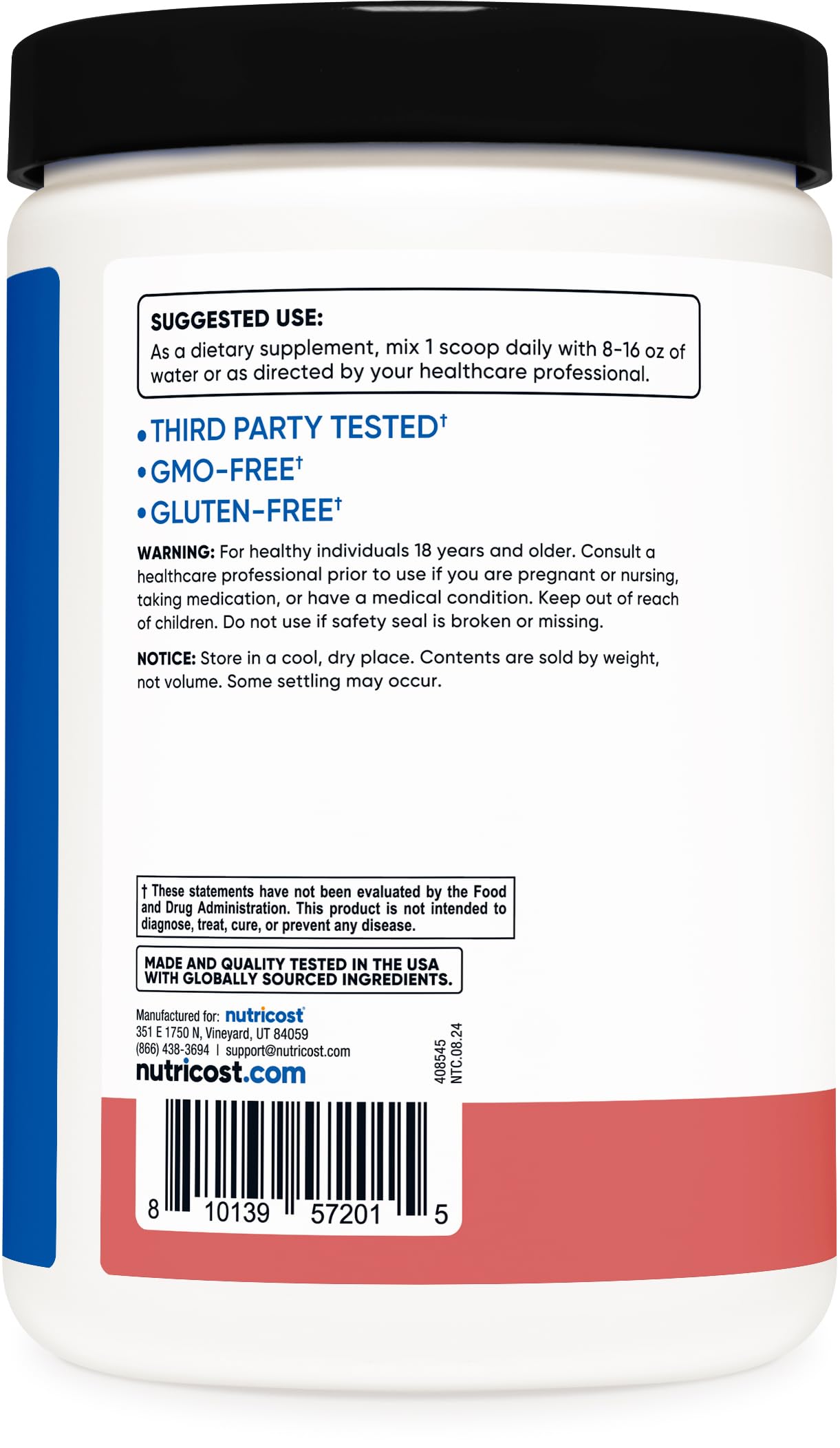 Nutricost BCAA + Hydration Raspberry Lemonade label highlighting quality and standards.