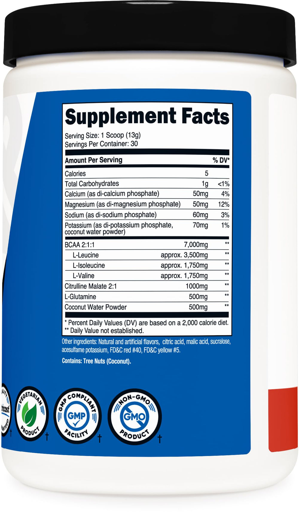 Product label highlighting BCAA amounts and gluten-free, non-GMO features.
