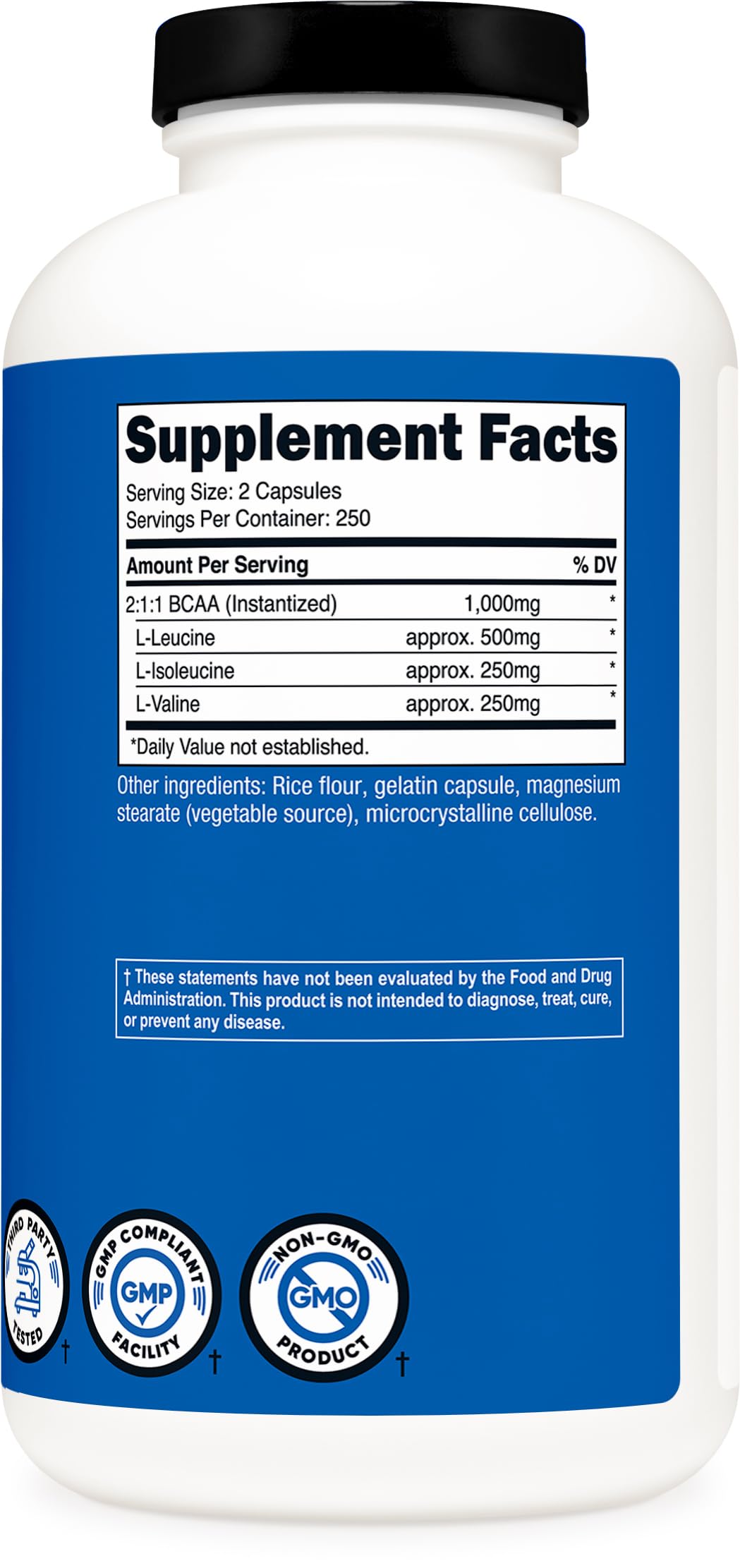Nutricost BCAA bottle with non-GMO, gluten-free label, assuring quality.