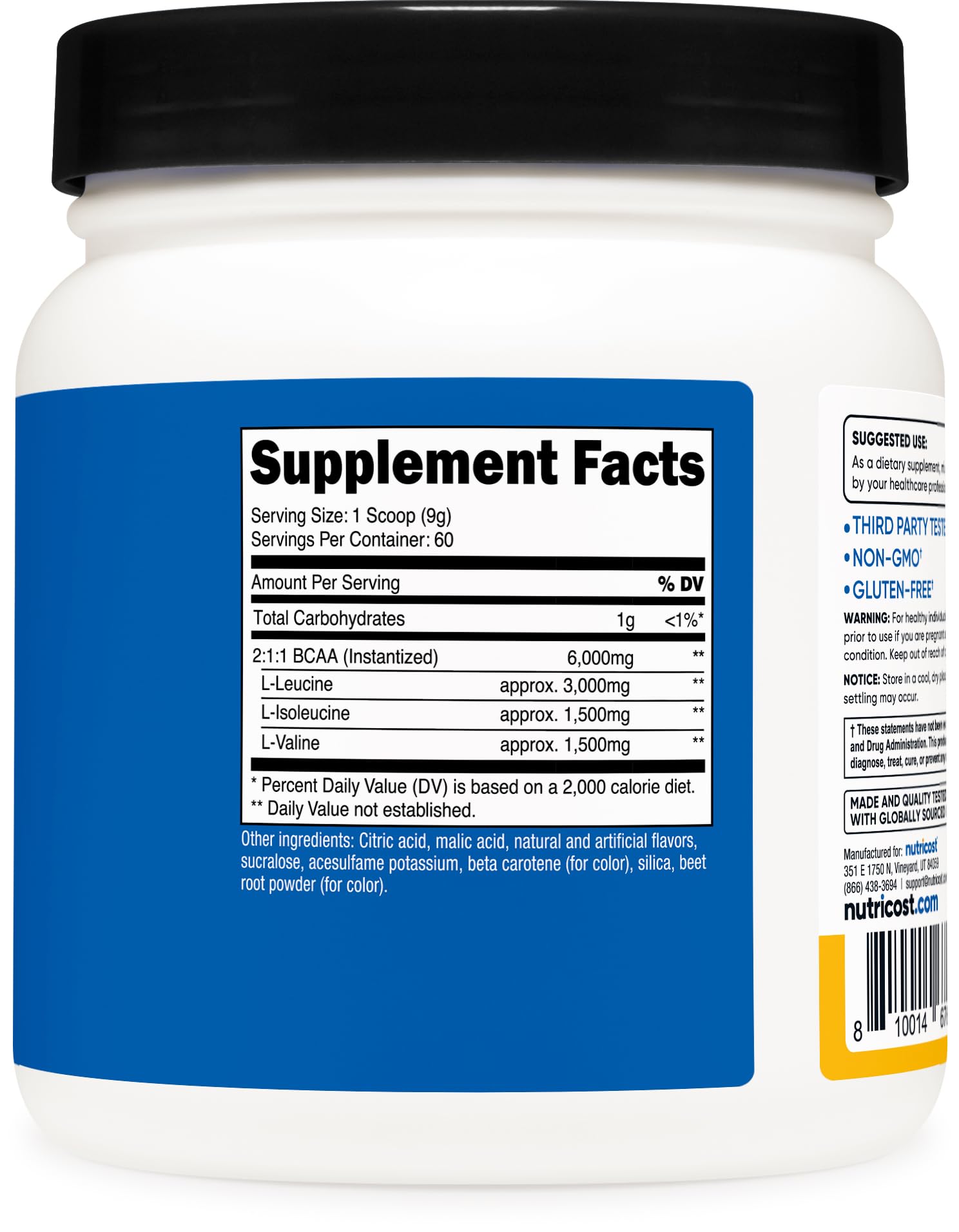 Nutricost BCAA Orange Mango ingredients label close-up showing gluten-free and non-GMO notes.