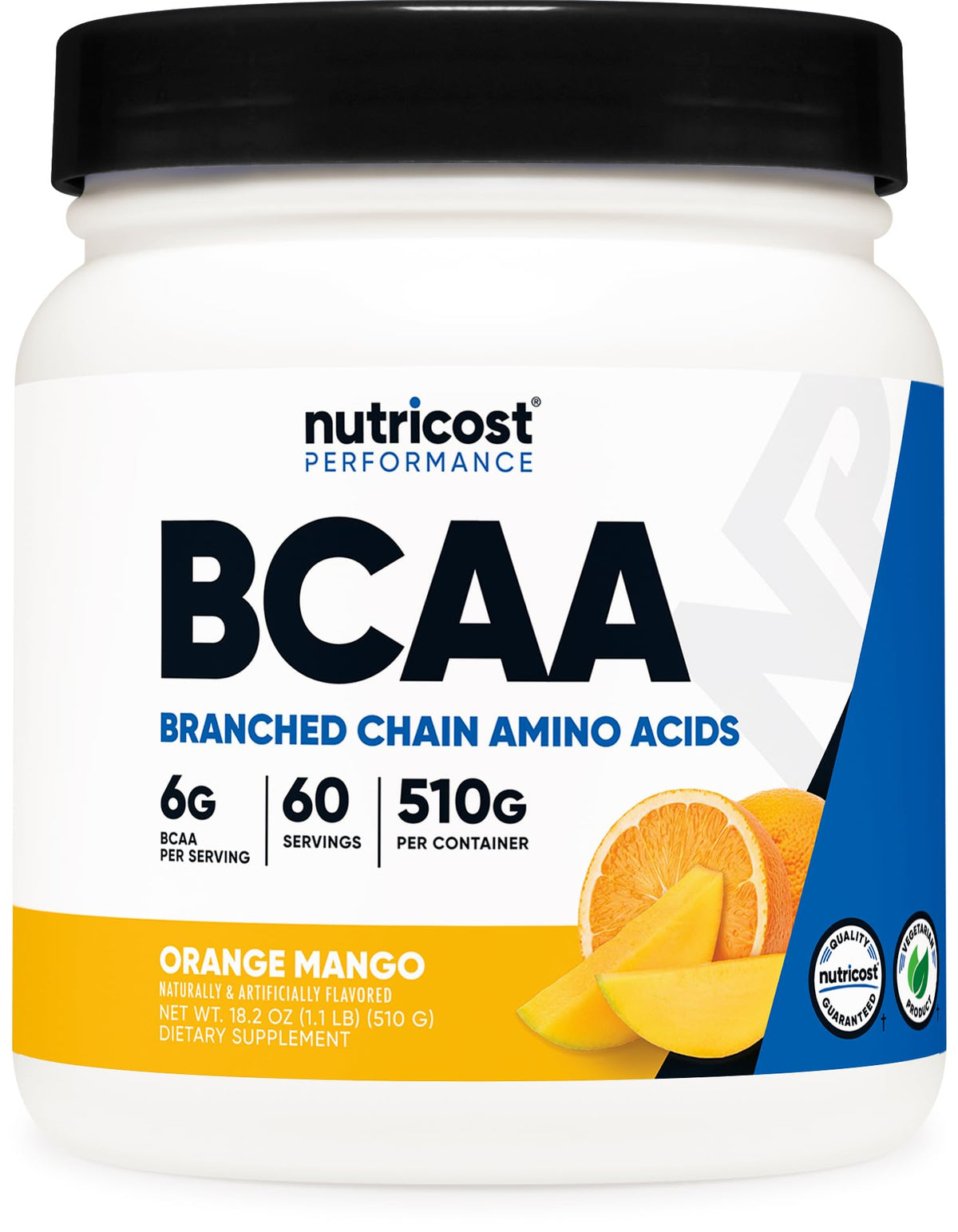 Nutricost BCAA Orange Mango tub with label, convenient amino acid source for workouts.