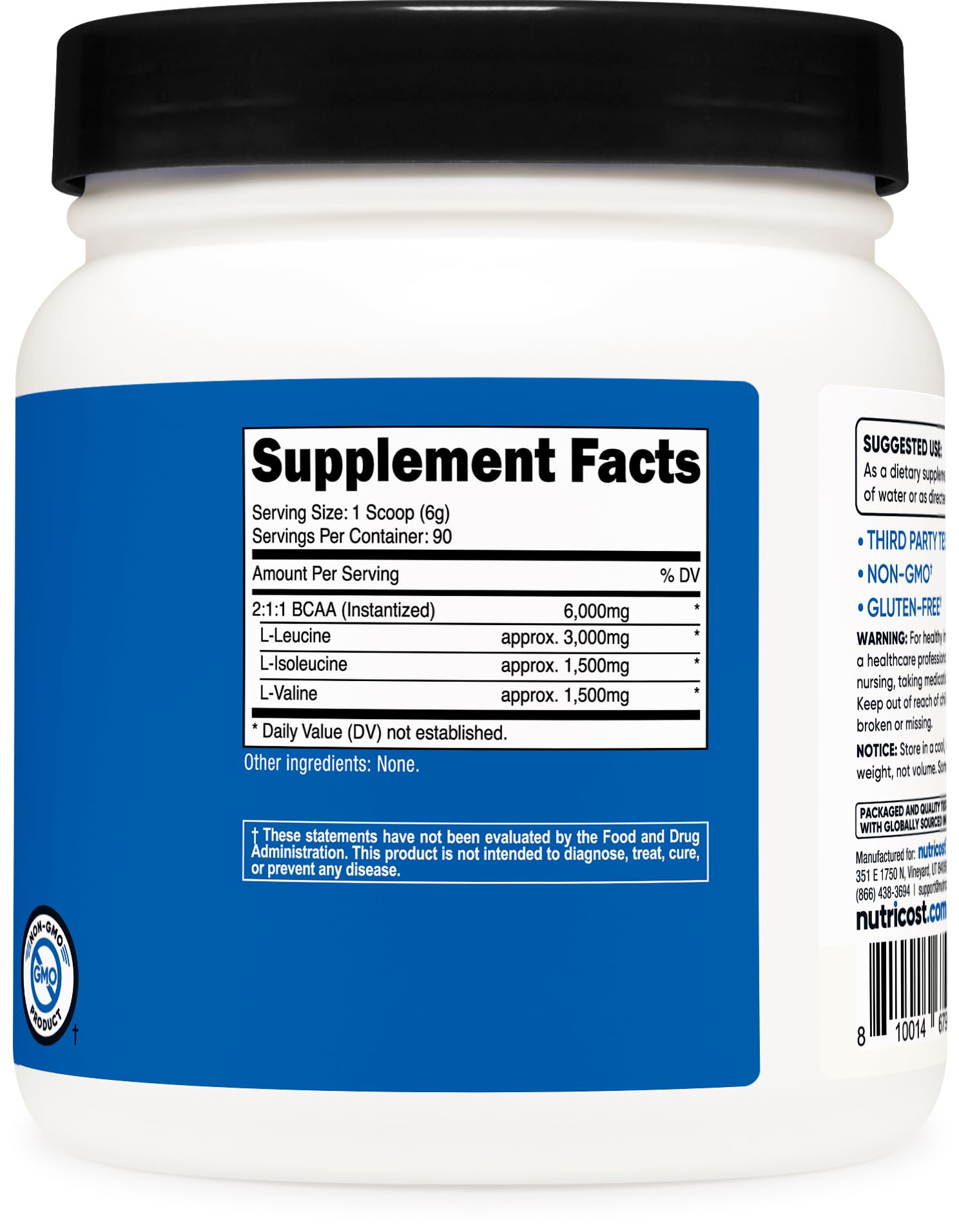Nutricost BCAA packaging box and bottle on kitchen counter