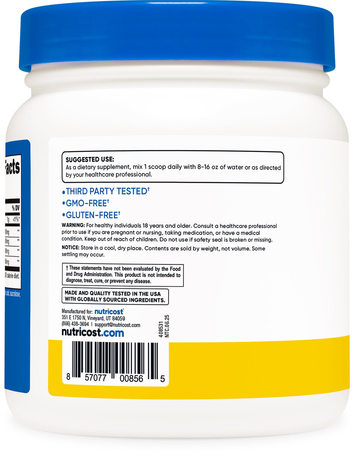 Nutricost BCAA pineapple label closeup highlighting quality certifications