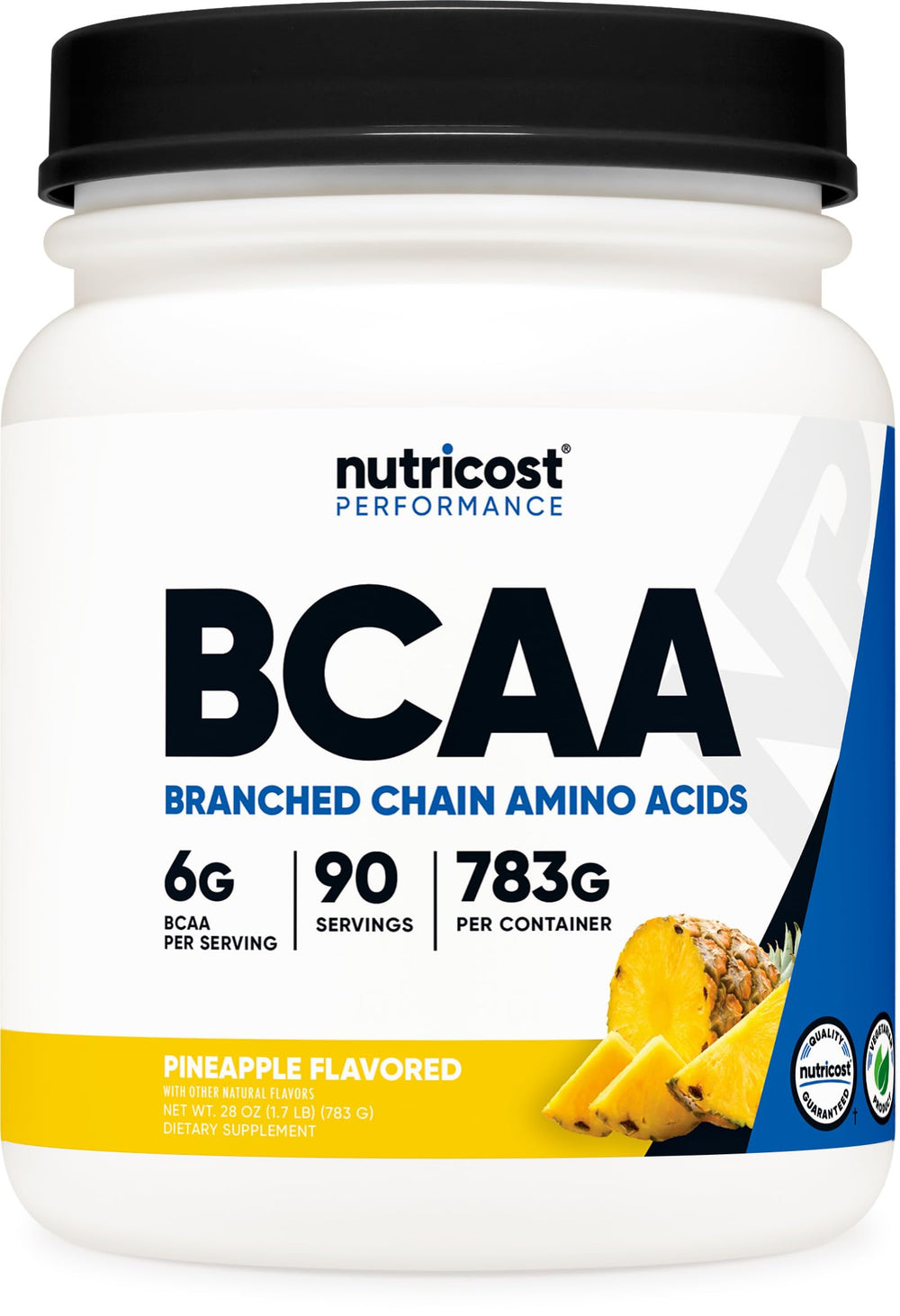 Nutricost BCAA Pineapple Powder Jar showing 6g dose for recovery support.