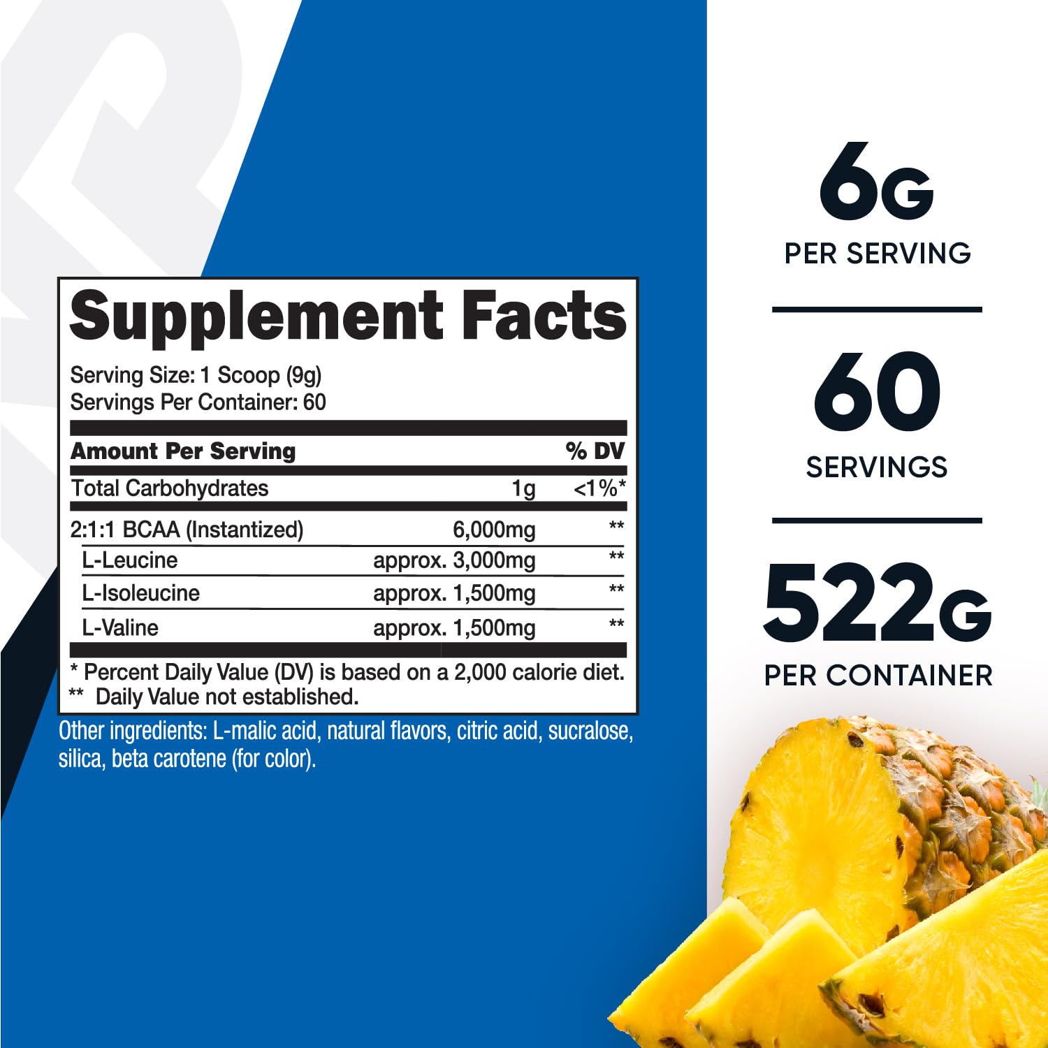 Nutricost BCAA pineapple powder scoop showing 6g serving size
