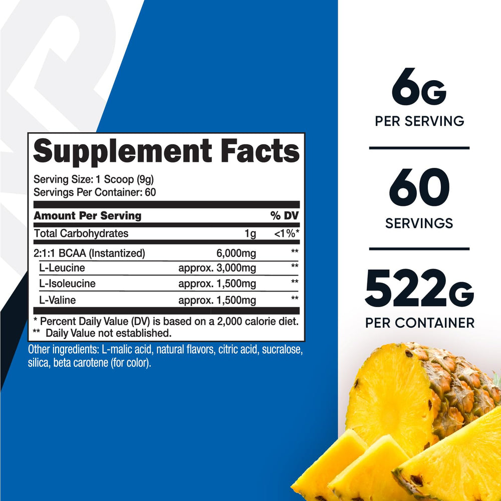Nutricost BCAA pineapple powder scoop showing 6g serving size