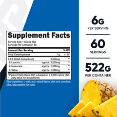 Nutricost BCAA pineapple powder scoop showing 6g serving size