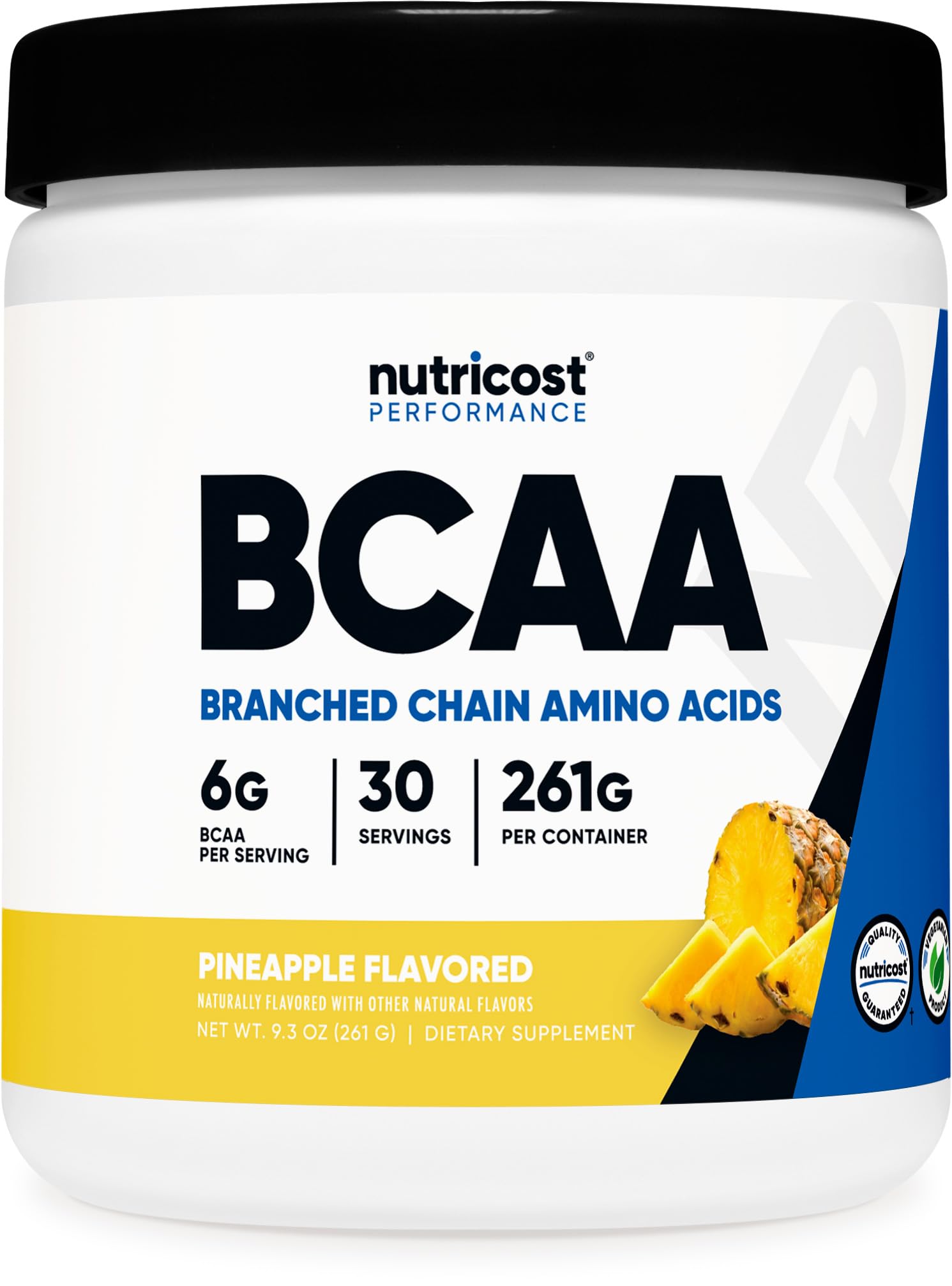 Nutricost BCAA Pineapple tub front view, ideal for pre- or post-workout mixing