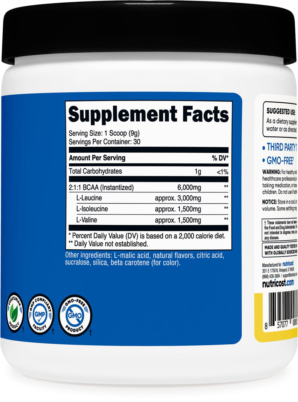 Nutricost BCAA Pineapple packaging and nutrition facts, non-GMO and gluten-free