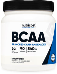 Nutricost BCAA powder bottle with 2:1:1 ratio and no flavor added, ideal for workouts