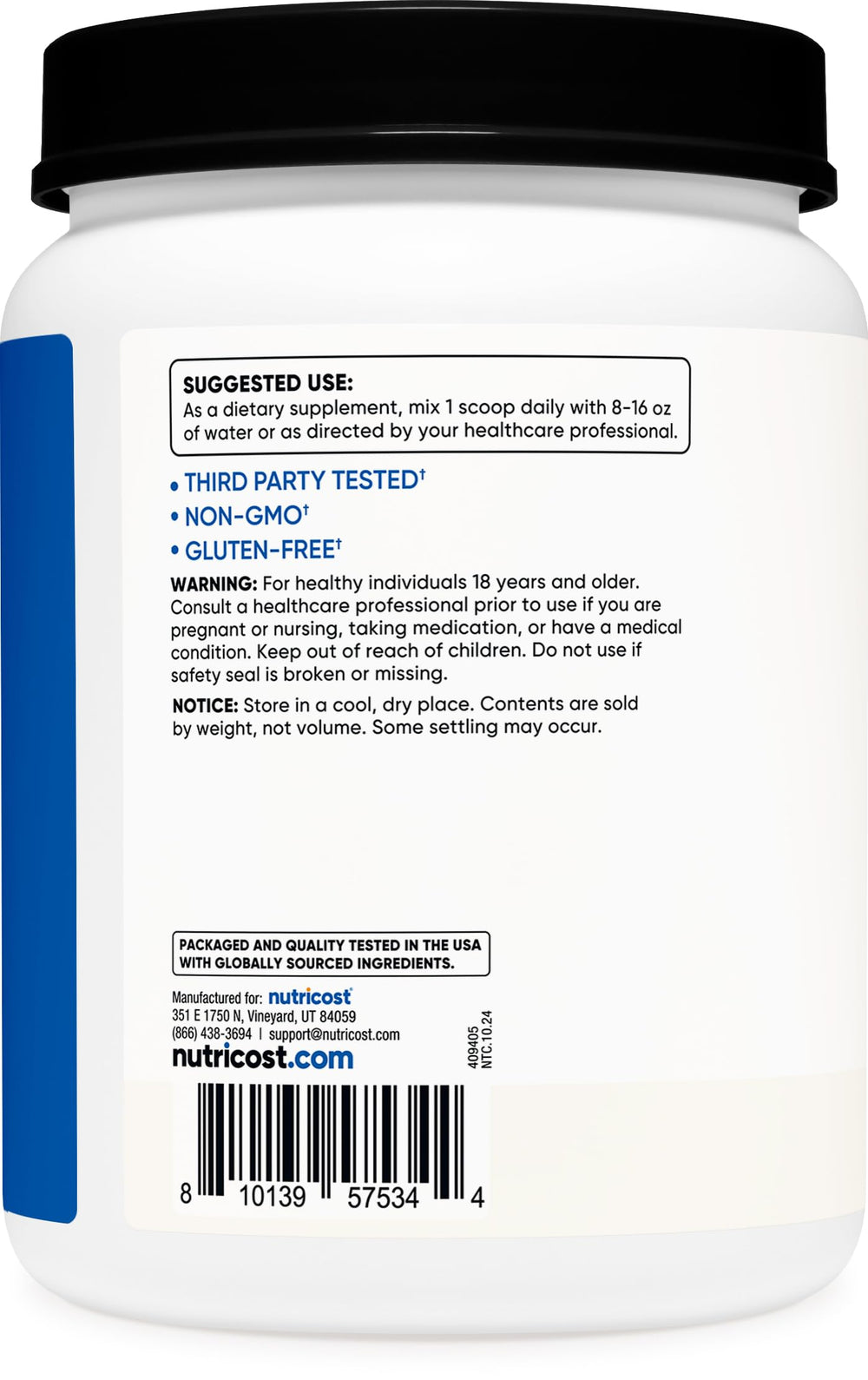 Nutricost BCAA Powder ingredients panel and third-party testing badge visible.