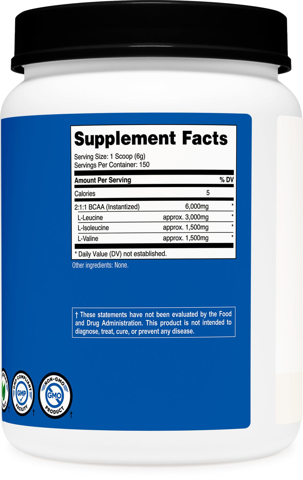 Nutricost BCAA Powder jar emphasizing 150 servings and neutral flavor for any beverage.