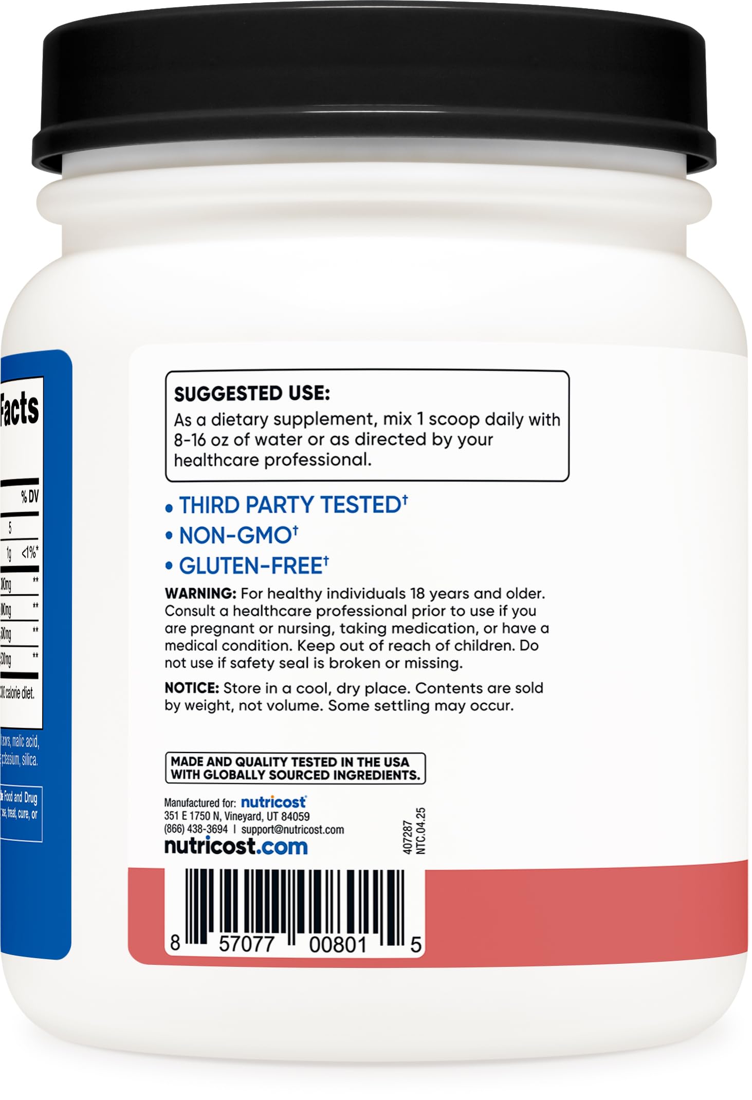 Nutricost BCAA bottle and jar emphasizing GMP-compliant production and quality